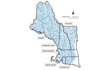 新英格兰地图显示了新英格兰地区的河流和支流，这是本研究的一部分