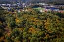 永利app新版本官网地址森林秋天的航拍照片，背景是足球场